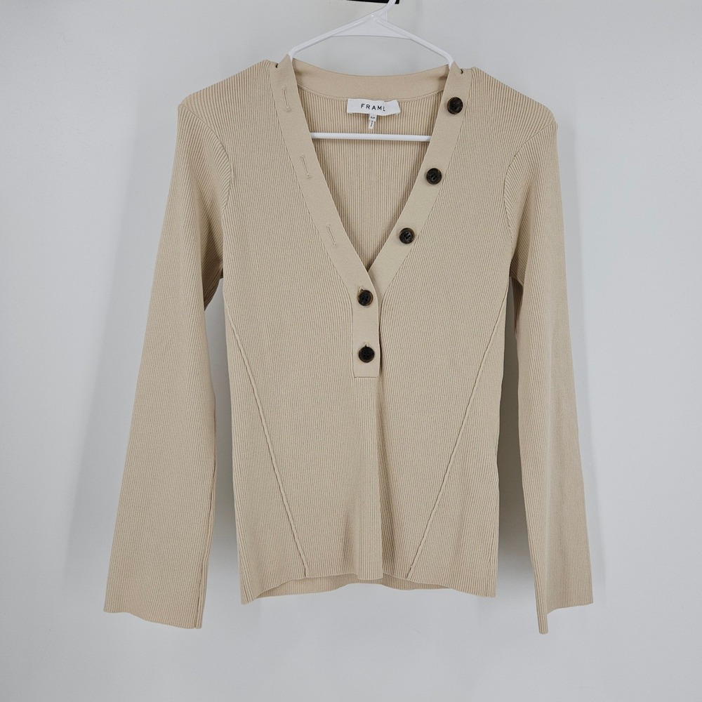 FRAME Ribbed Henley Sweater Top Tan Beige Button V-Neck Quiet Luxury Pullover S